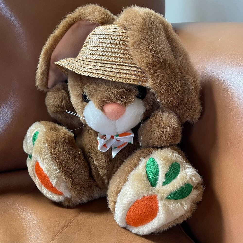 Vintage Fiesta Easter Bunny Plush Straw Hat Carrot Feet Bow 10" Retro Toy